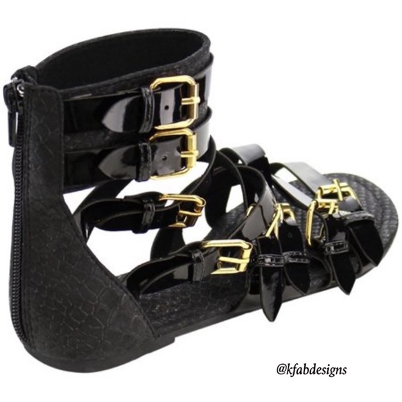 LAST 2! Strappy Black Zipper Textured Gladiator FlatSandal-Gold Tone Buckles - Picture 5 of 8
